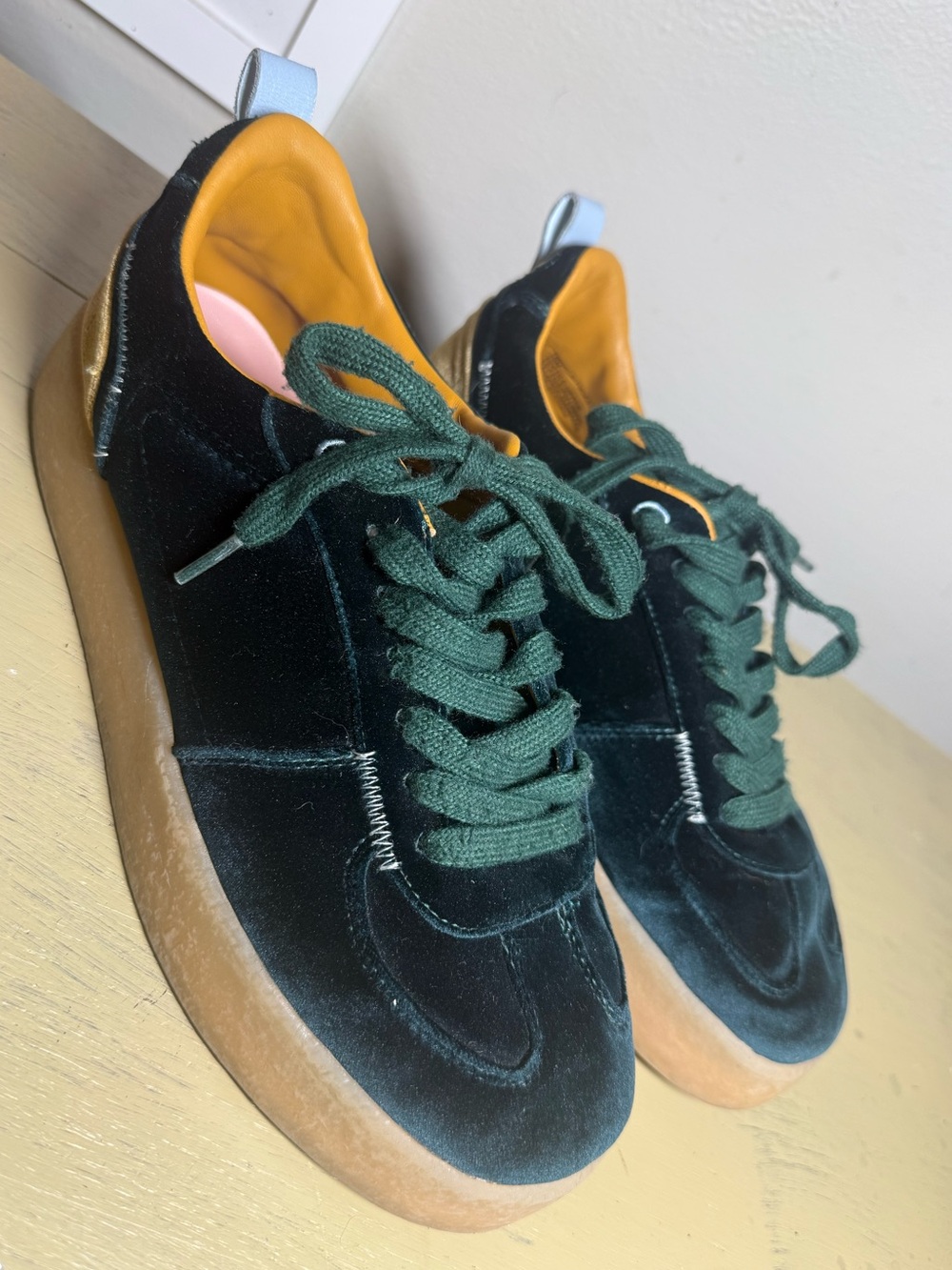 Steve Madden “Tucker” Dark Green Velvet Sneakers with Orange Interior